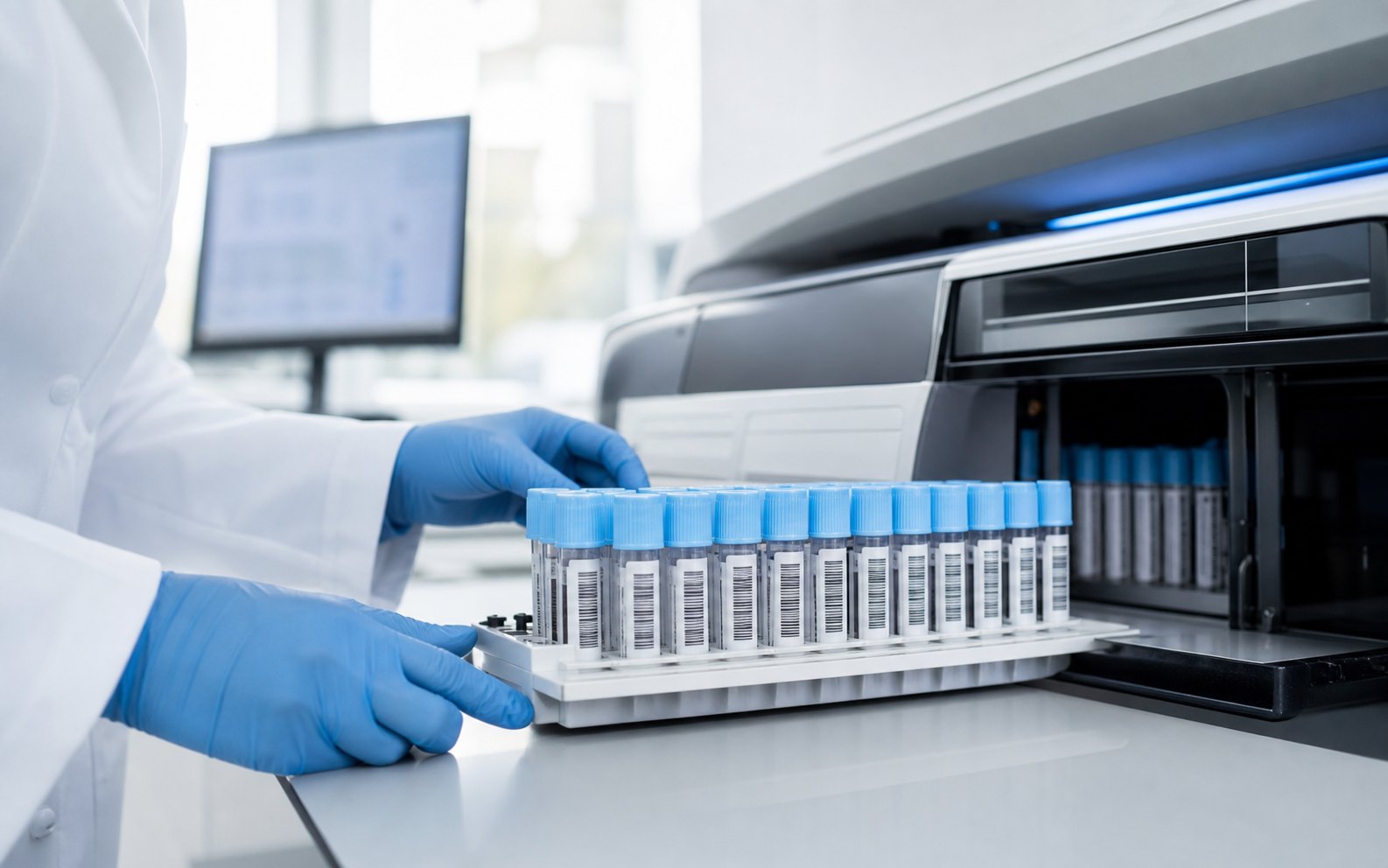 Gradilla con tubos de muestra etiquetados con código de barras siendo colocada en un analizador de laboratorio